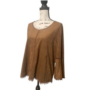 Style & Co. NWT Brown Faux Suede Embroidered Western Tunic Boho Bell Sleeves L